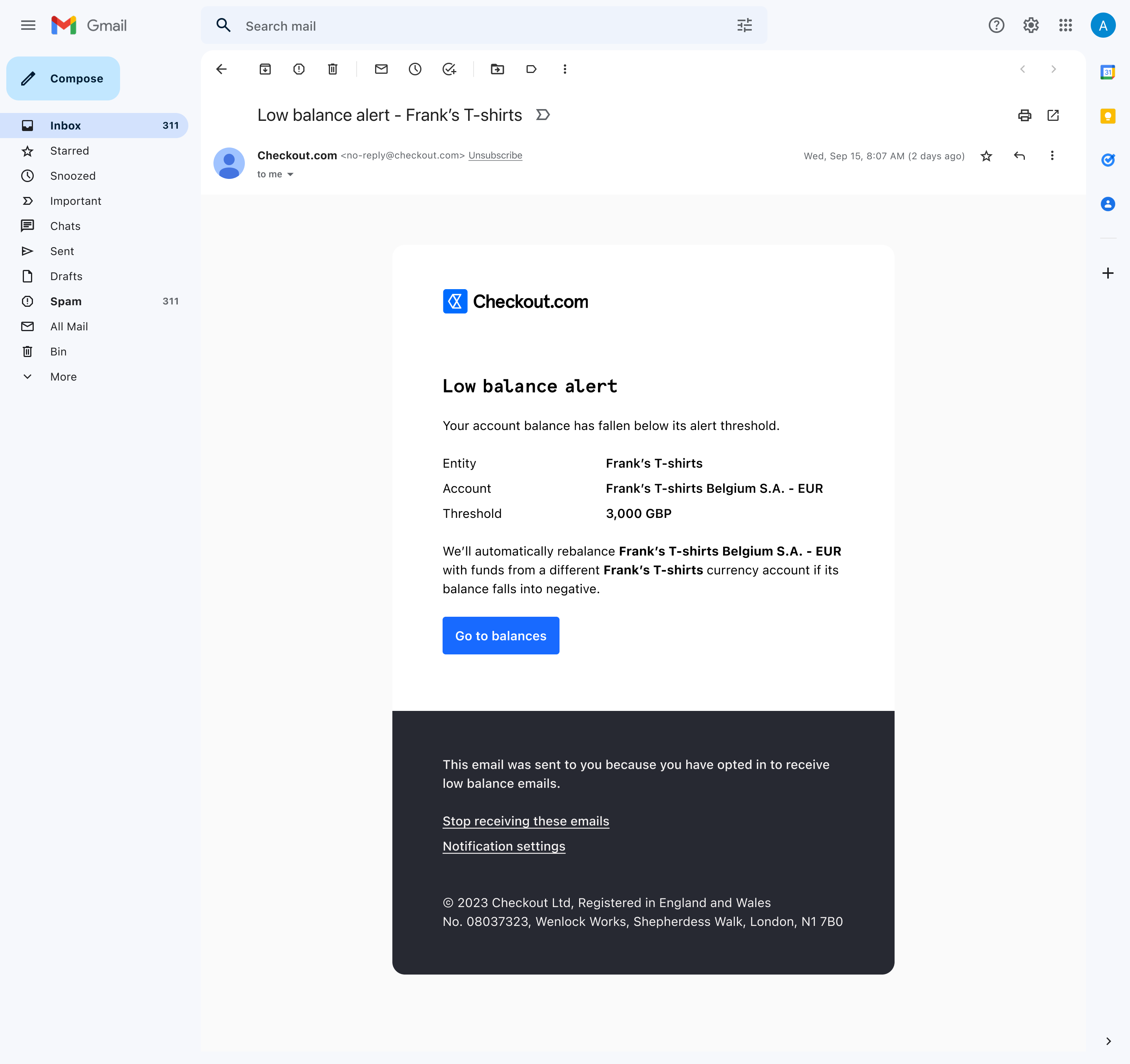 Low balance alert notification email