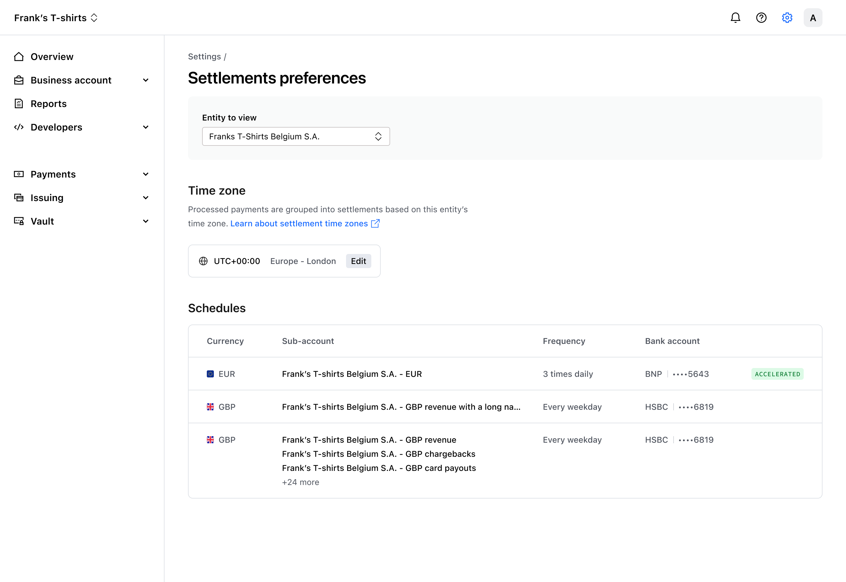 Settlement settings entity view – Light mode