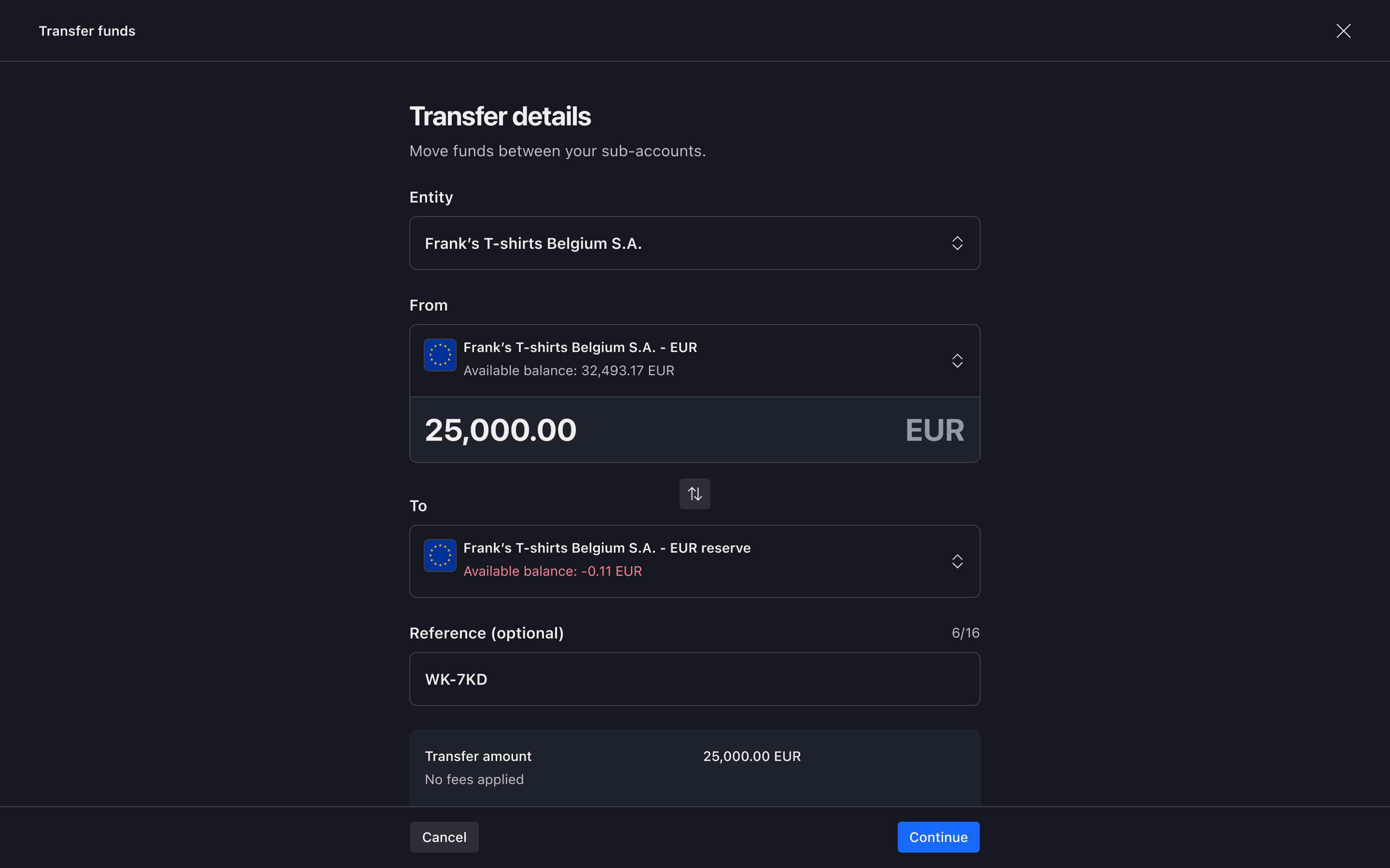 Transfer flow step 5 – Reference entered – Dark mode