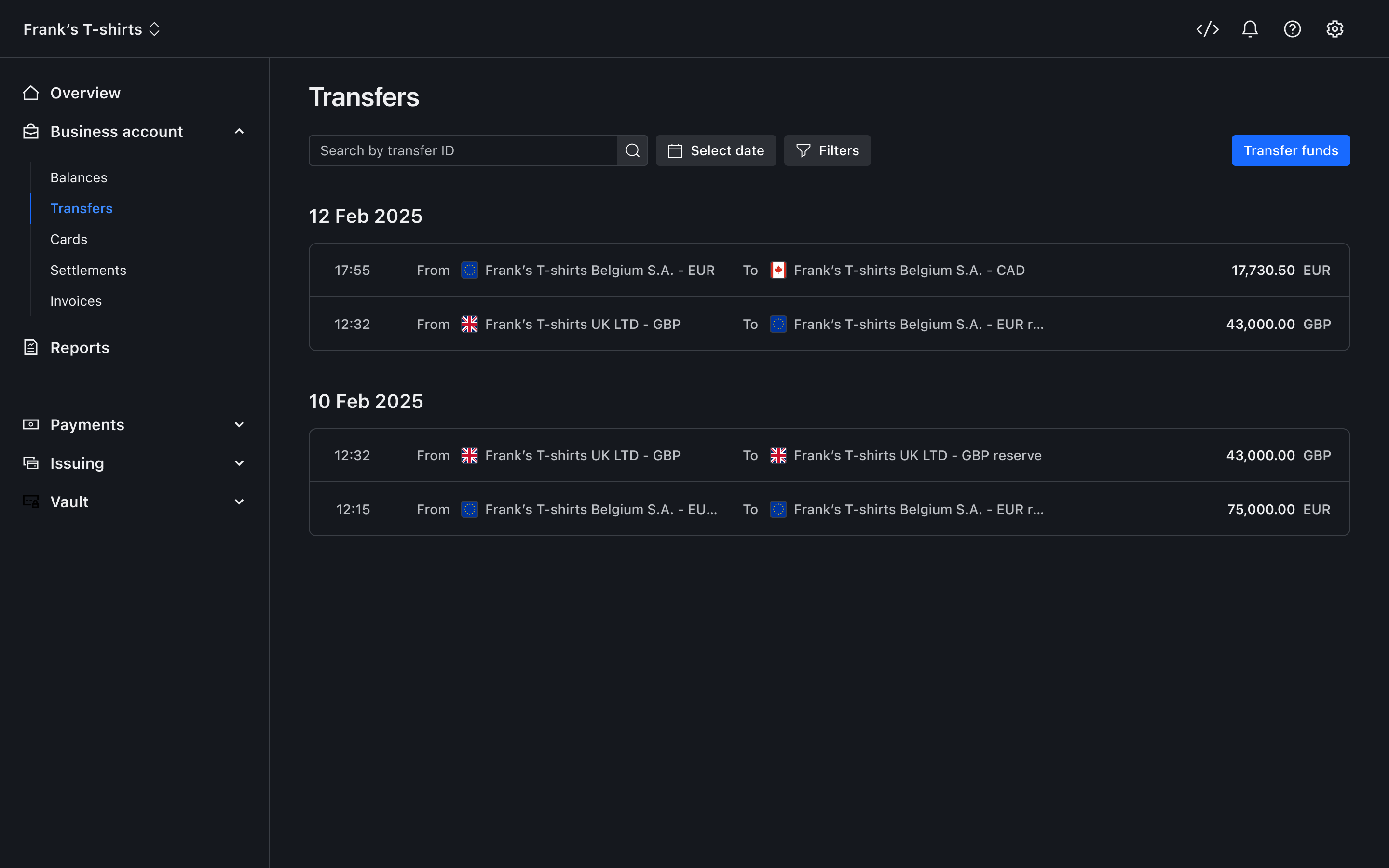 Transfer activity view – Dark mode