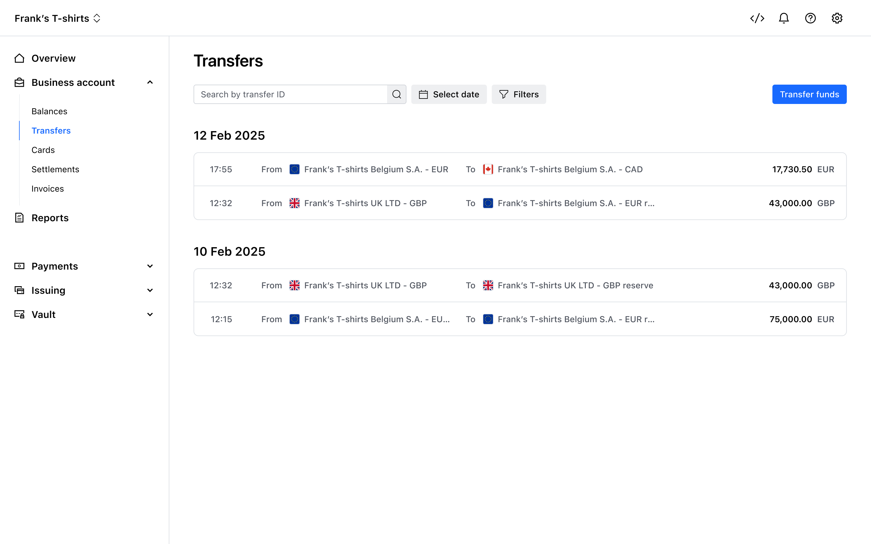 Transfer activity view – Light mode