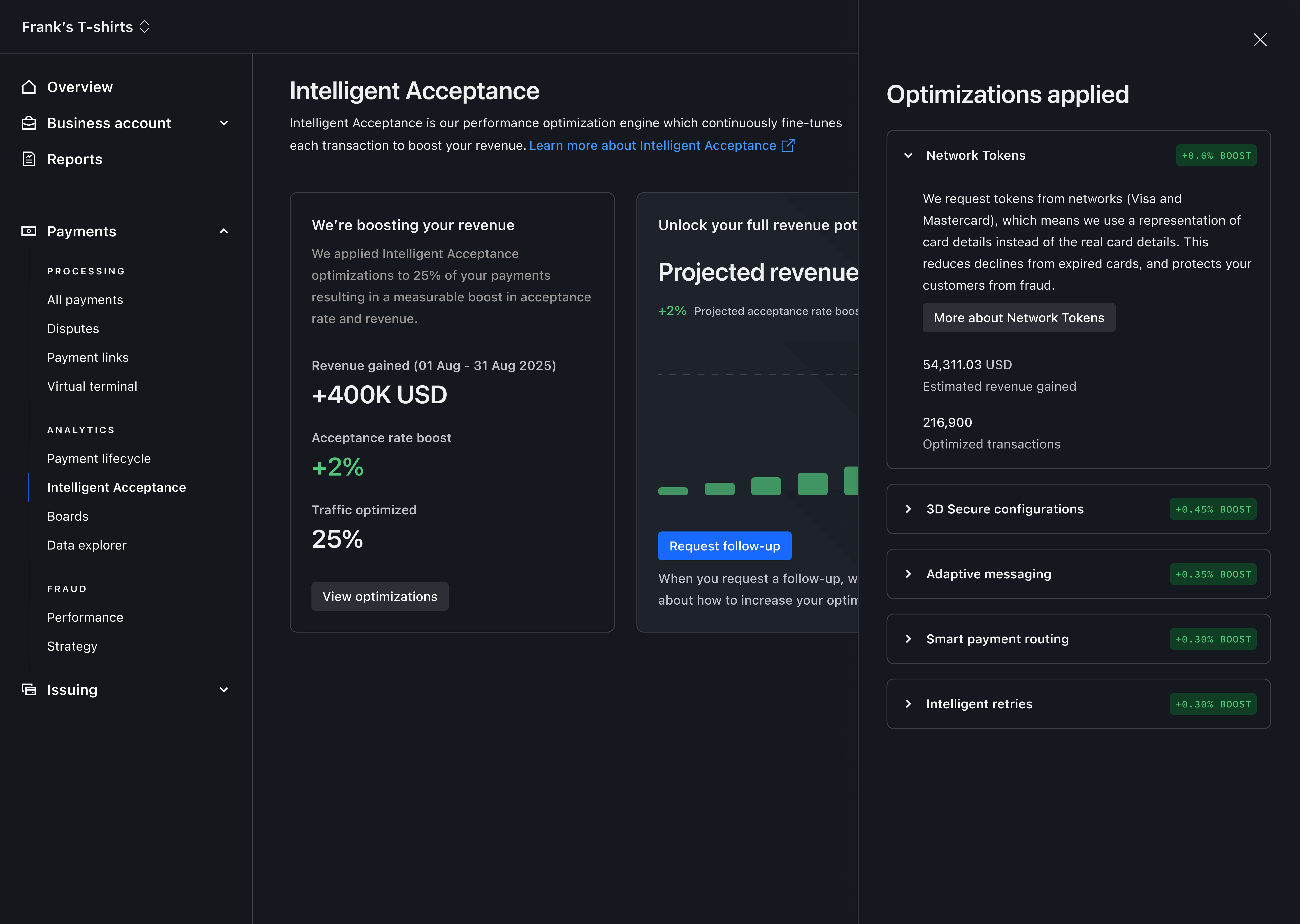 Optimisations applied detail drawer, listing Network Tokens, 3D Secure configurations, Adaptive messaging, Smart payment routing and Intelligent retries with their individual contribution – Dark mode