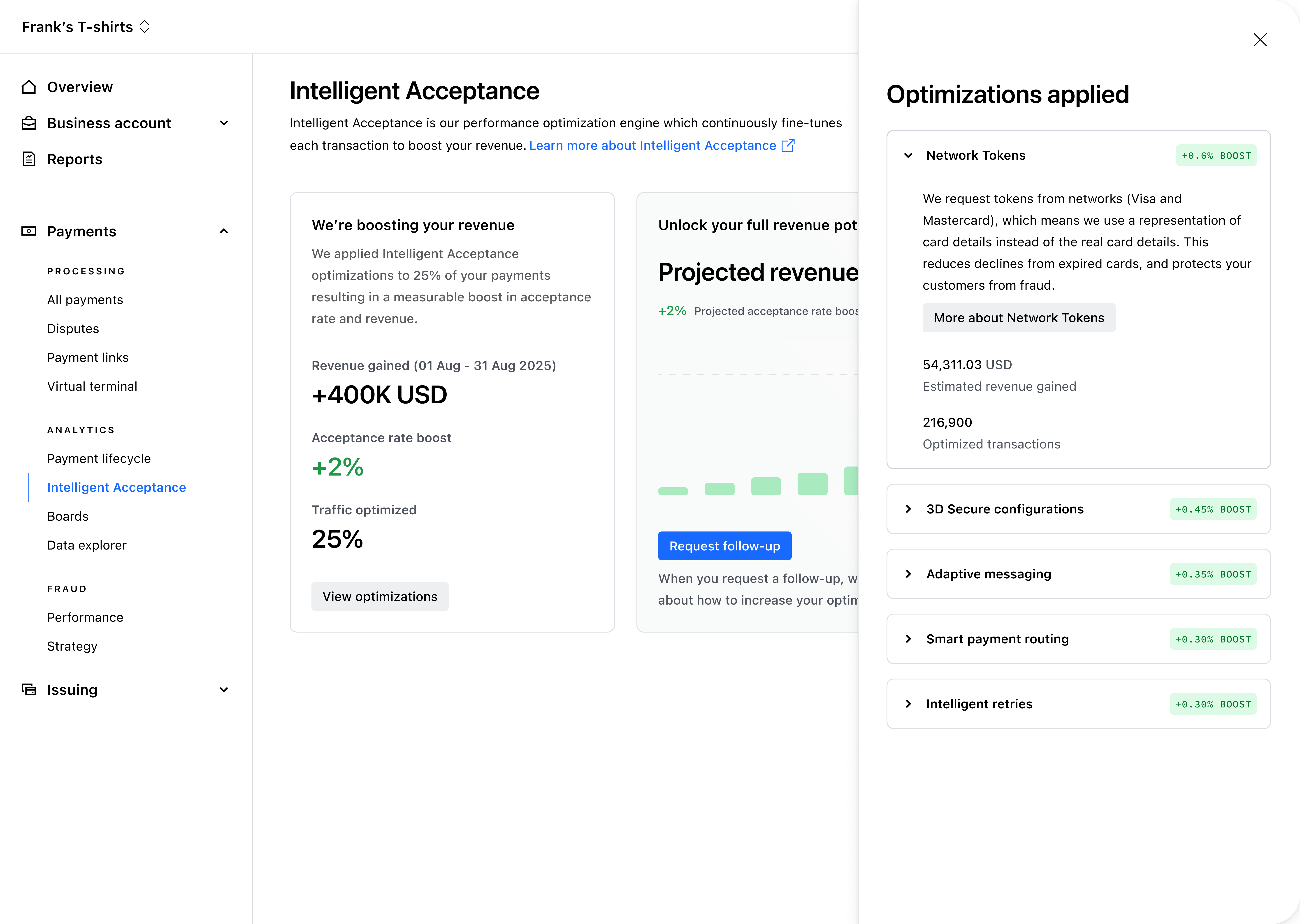 Optimisations applied detail drawer, listing Network Tokens, 3D Secure configurations, Adaptive messaging, Smart payment routing and Intelligent retries with their individual contribution – Light mode