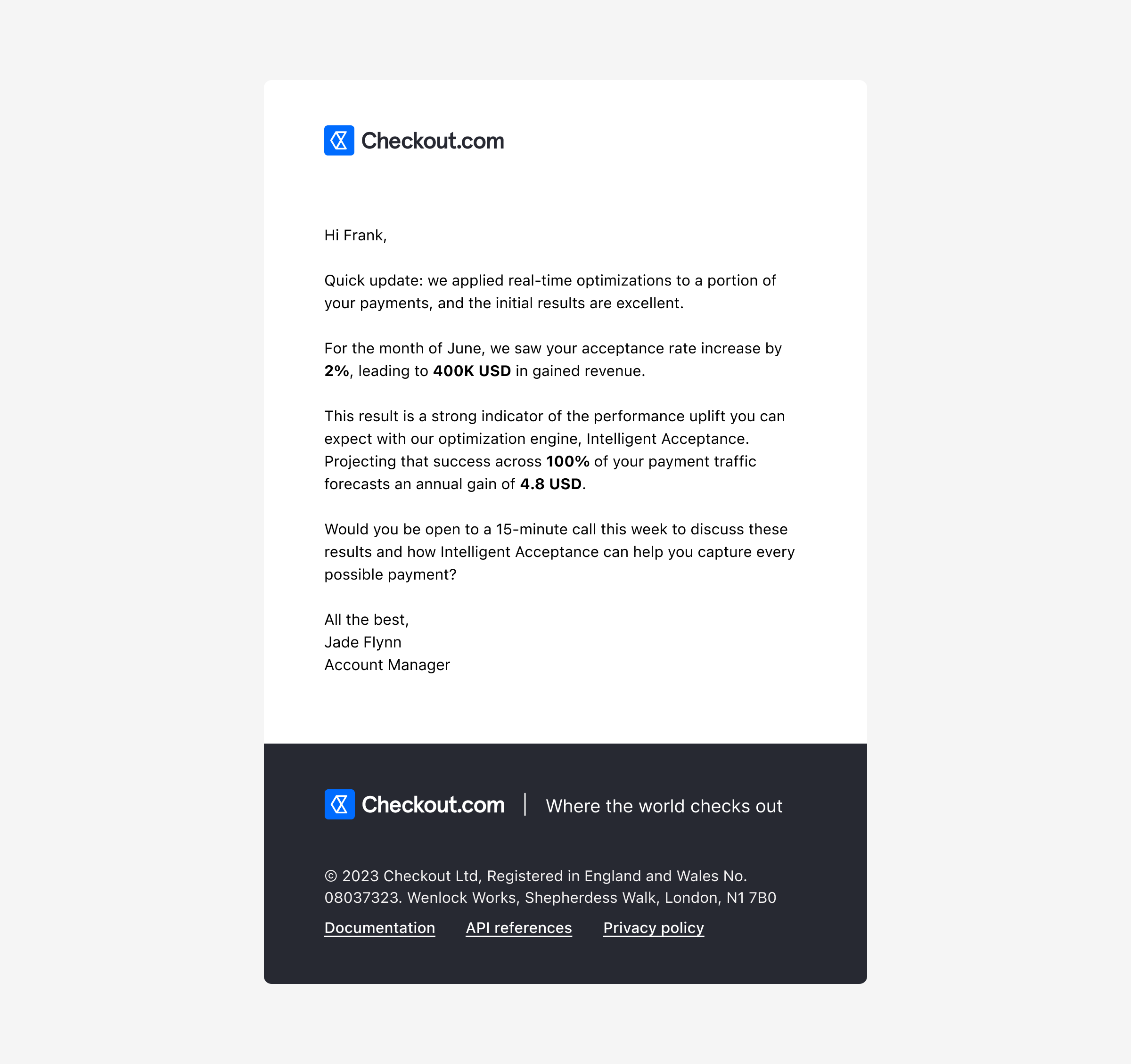 Personal email from an Account Manager referencing the merchant's measured acceptance rate increase and revenue gained